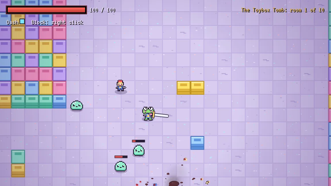 A frog hero fighting slimes in the Toybox Tomb